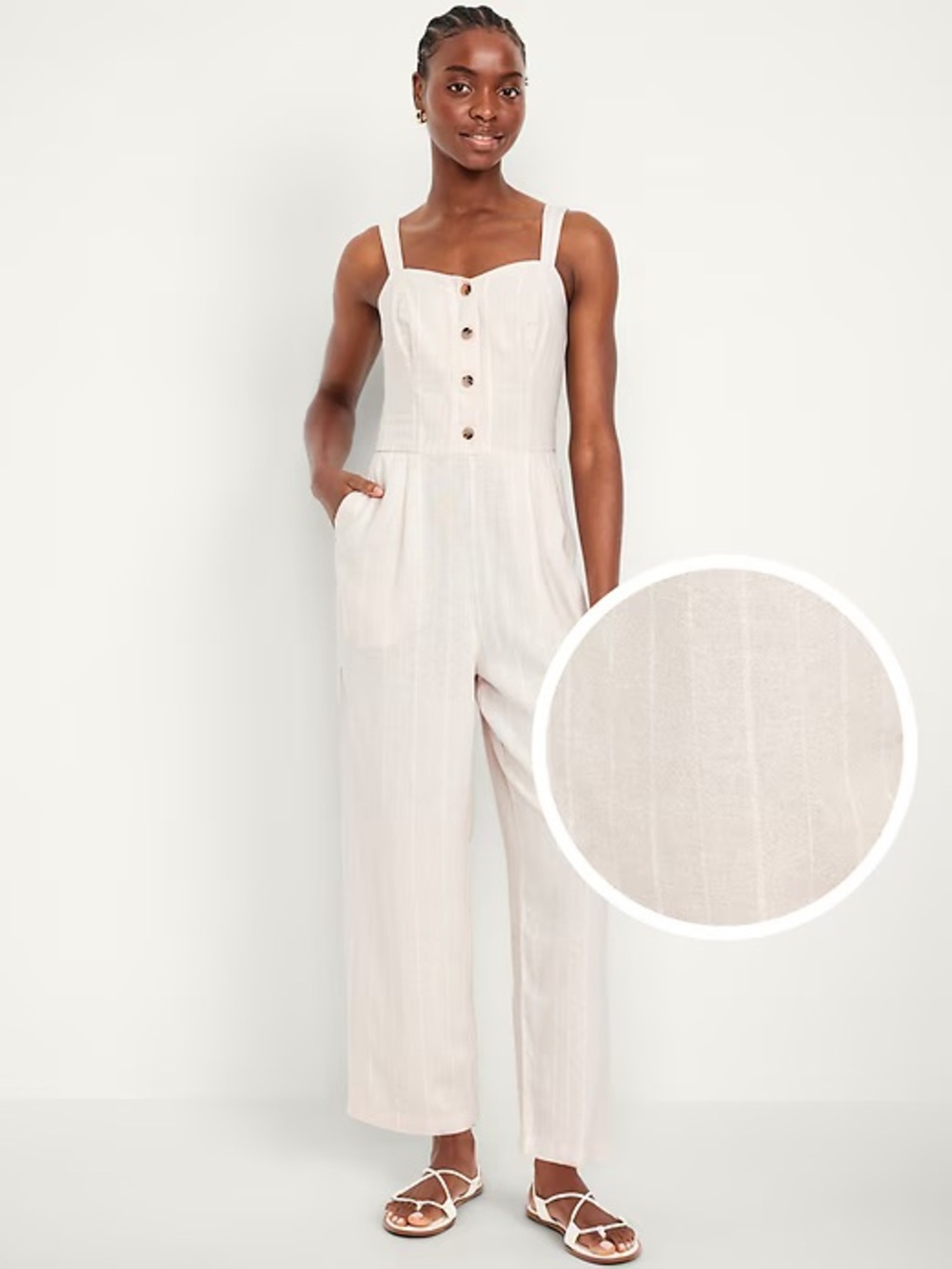 Old Navy Cream Sleeveless Button-Front Wide-Leg Jumpsuit